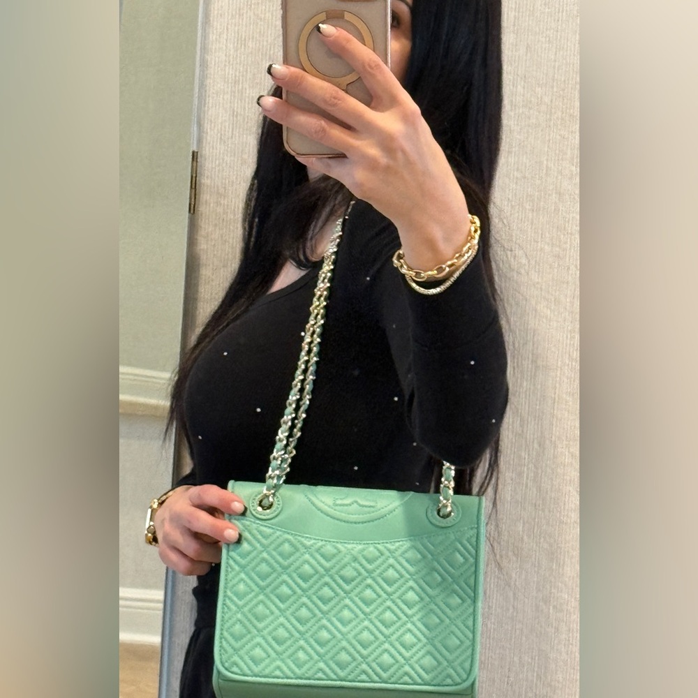 Tory Burch Mint Green Medium Fleming Quilted Leather Handbag